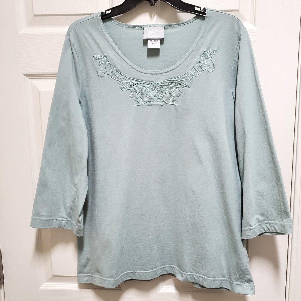 Blair Light Sage Green 3/4 Sleeve Top with Embroidery Detail
